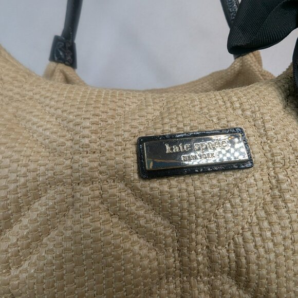 ♠️Kate Spade Quilted Woven Straw Satchel Hand Bag with Bow Accent Beige - Picture 6 of 17